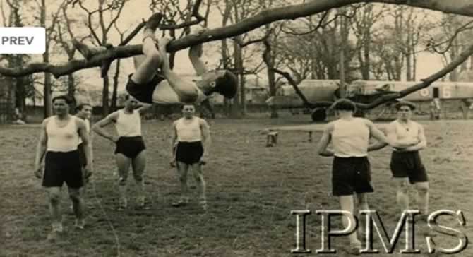 Malpy Gaj gymnastics at Largo House. Note the Whitley Bomber fuselage in the background.