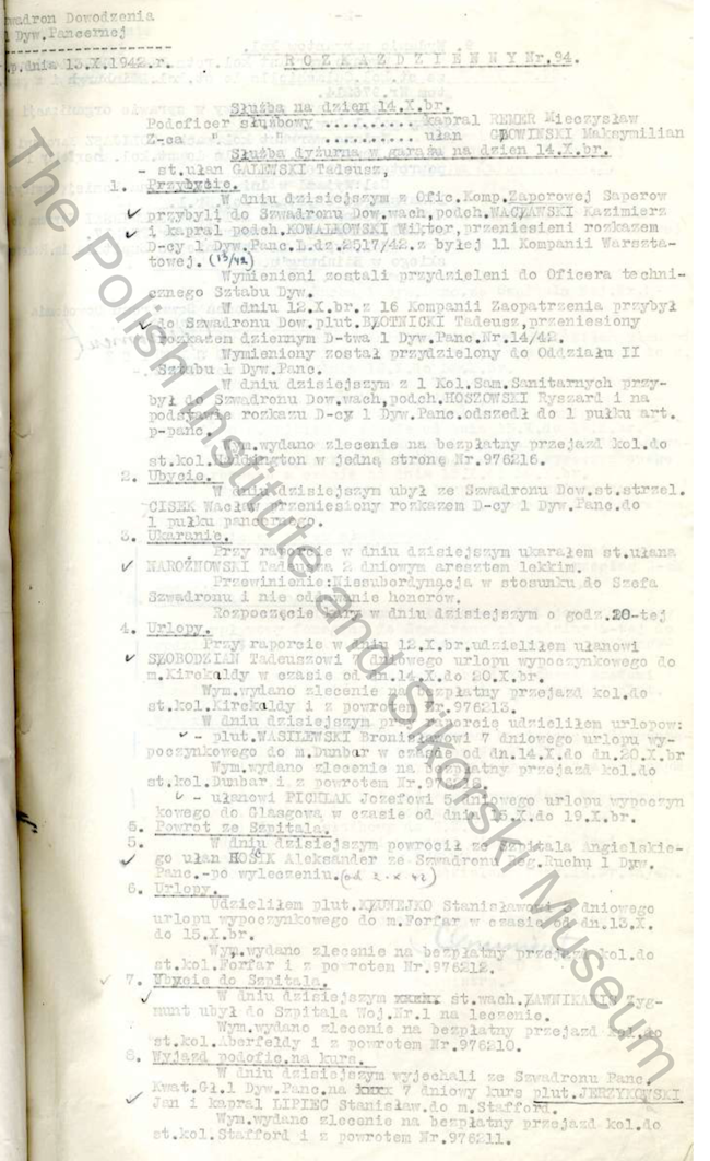 Daily Orders Of The HQ Squadron 1st Armoured Division Extract - 1942 10 13