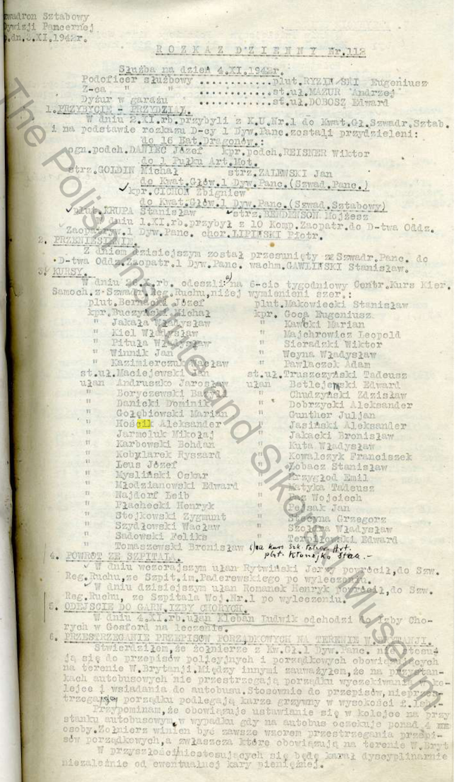 Daily Orders Of The HQ Squadron 1st Armoured Division Extract - 1942 11 03