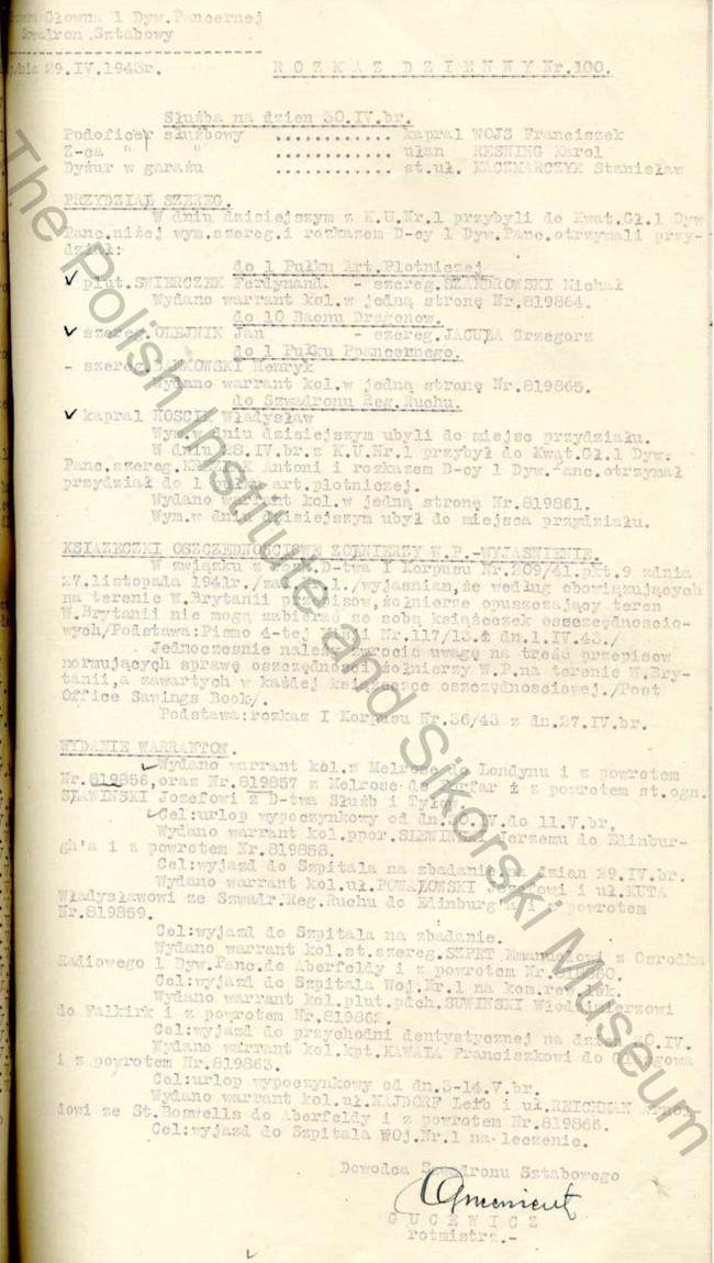 Daily Orders Of The HQ Squadron 1st Armoured Division Extract - 1943 04 29 Nr100